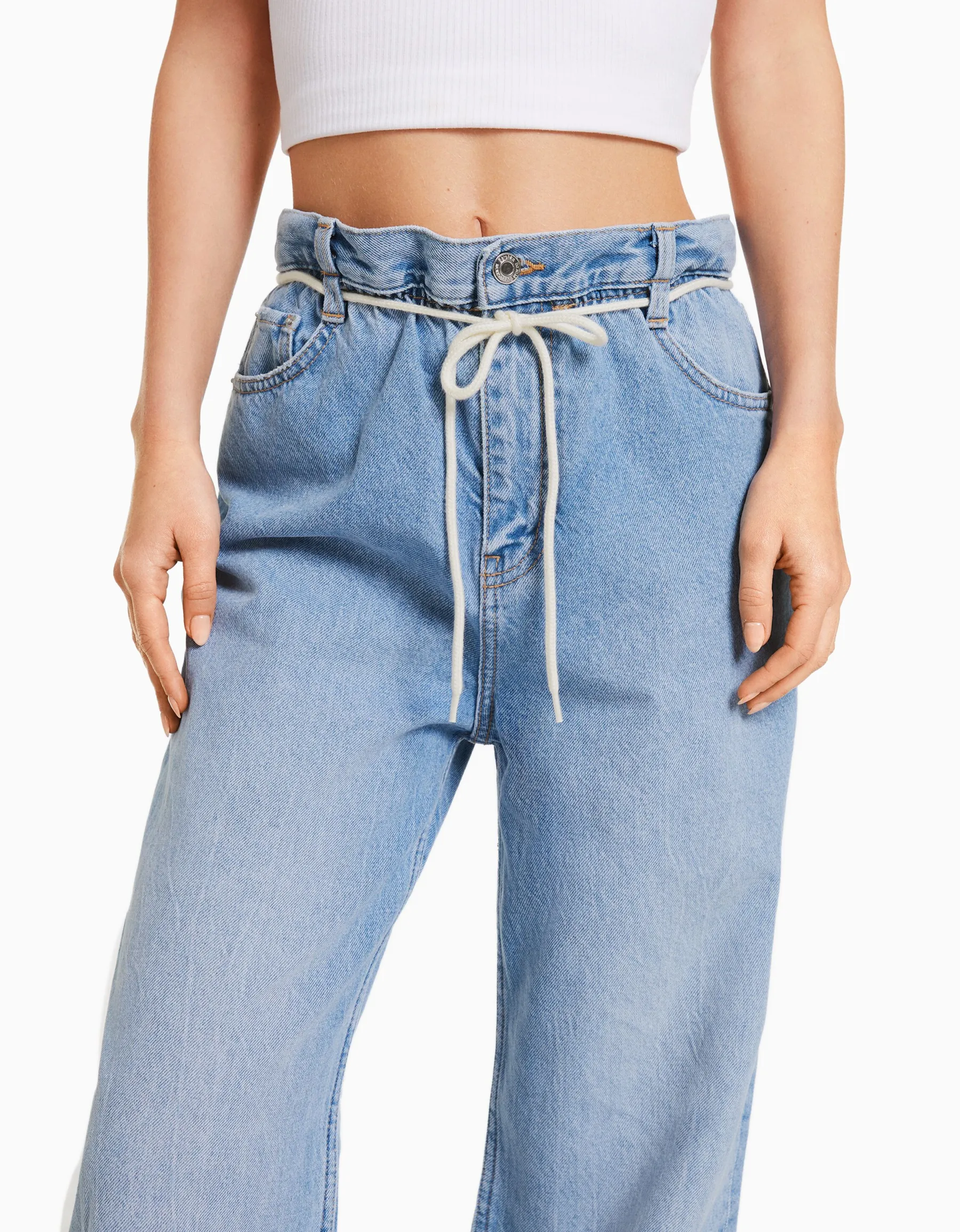 BERSHKA Jean straight taille élastique Bleu lavé Discount