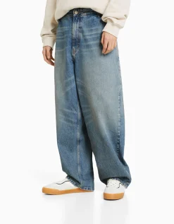 BERSHKA Jean wide skate Bleu lavé Outlet