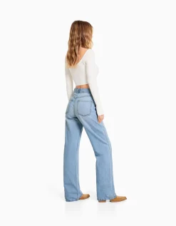 BERSHKA Jeans 90's wide leg Bleu lavé Sale