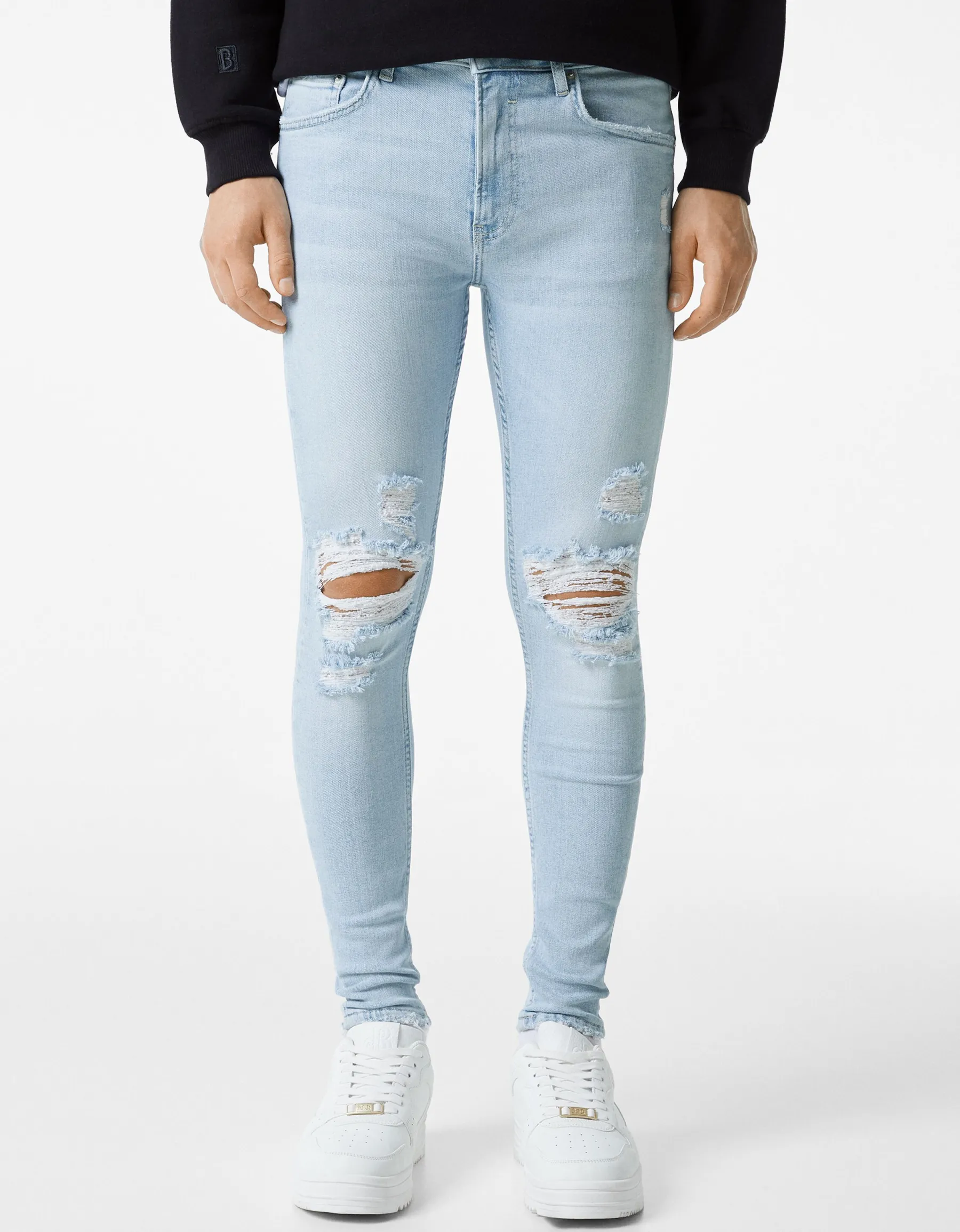 BERSHKA Jeans super skinny déchirés Bleu lavé Store