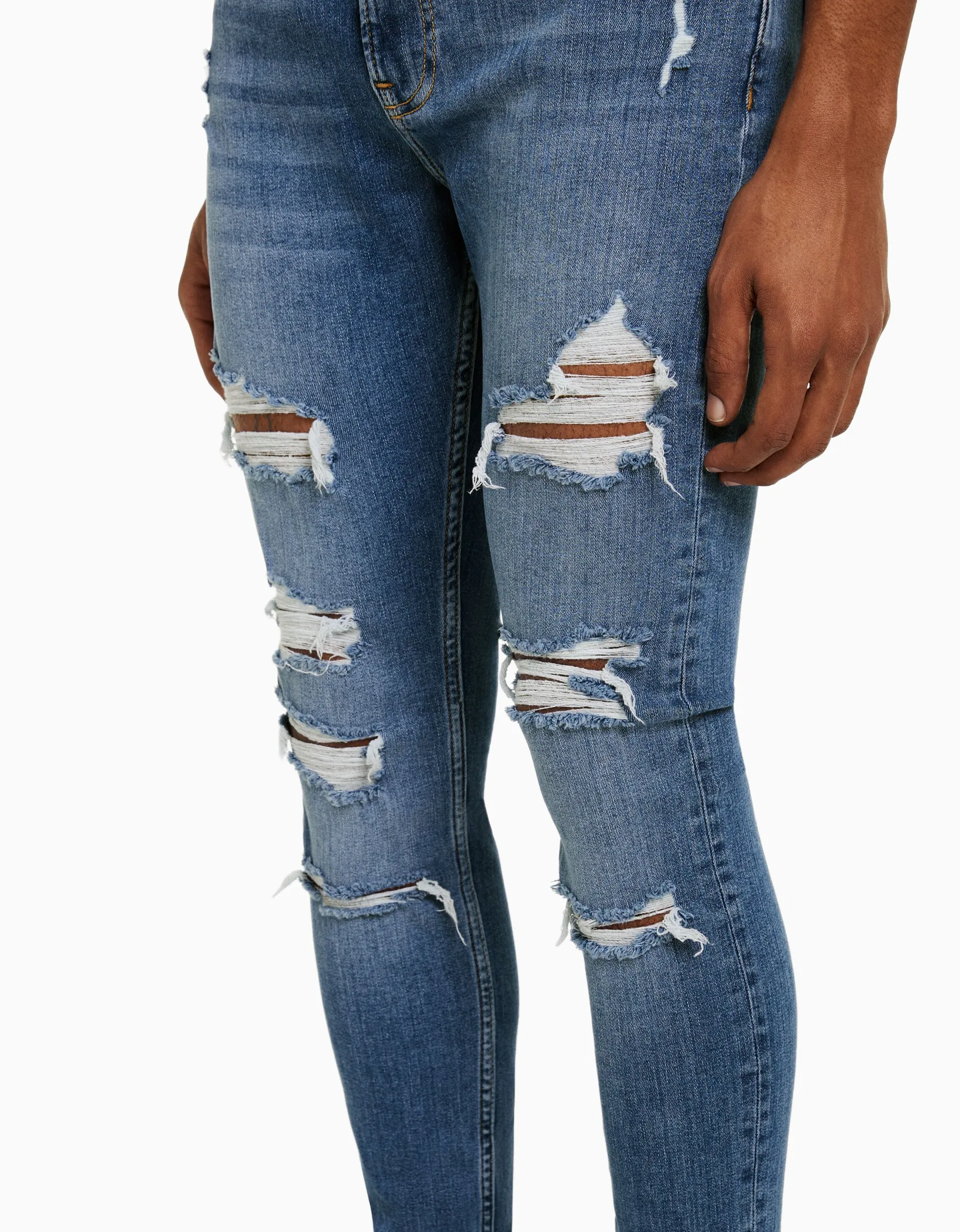 BERSHKA Jeans super skinny déchirés Bleu Hot