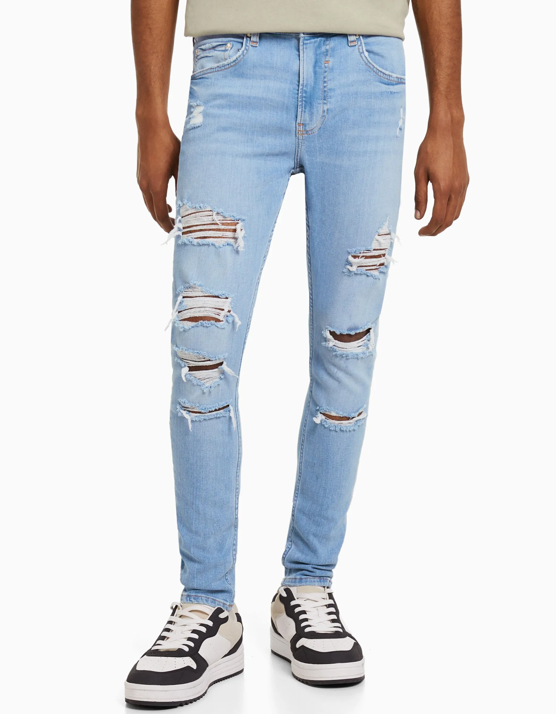 BERSHKA Jeans super skinny déchirés Bleu Outlet