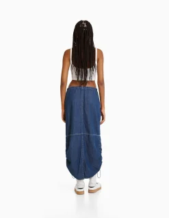 BERSHKA Jupe denim midi parachute Bleu Best Sale