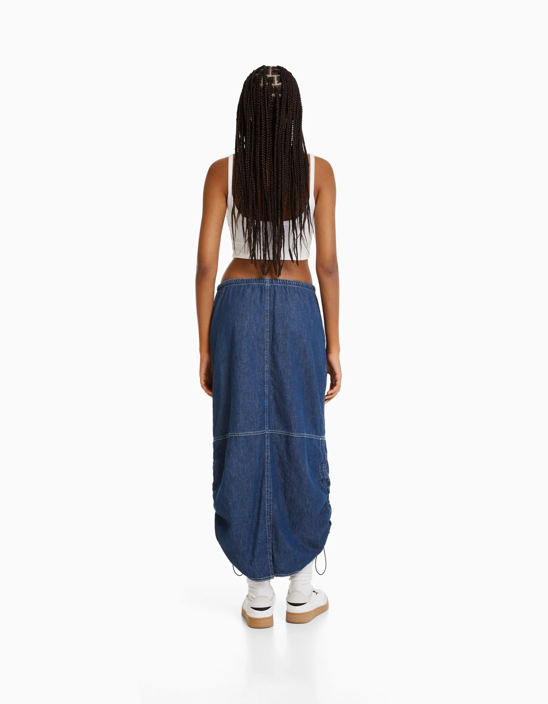 BERSHKA Jupe denim midi parachute Bleu Best Sale
