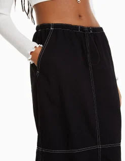 BERSHKA Jupe denim midi parachute Noir Shop