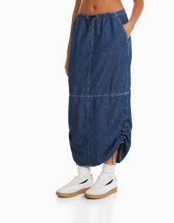 BERSHKA Jupe denim midi parachute Noir Cheap