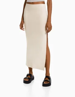 BERSHKA Jupe longue coton Sable Online