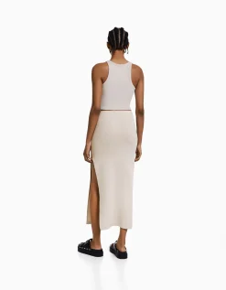 BERSHKA Jupe longue coton Sable Online
