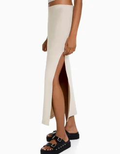BERSHKA Jupe longue coton Sable Online