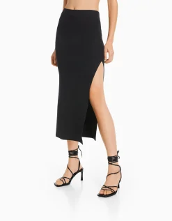 BERSHKA Jupe longue coton Noir Flash Sale