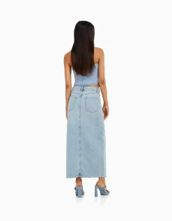 BERSHKA Jupe longue denim Bleu lavé Outlet