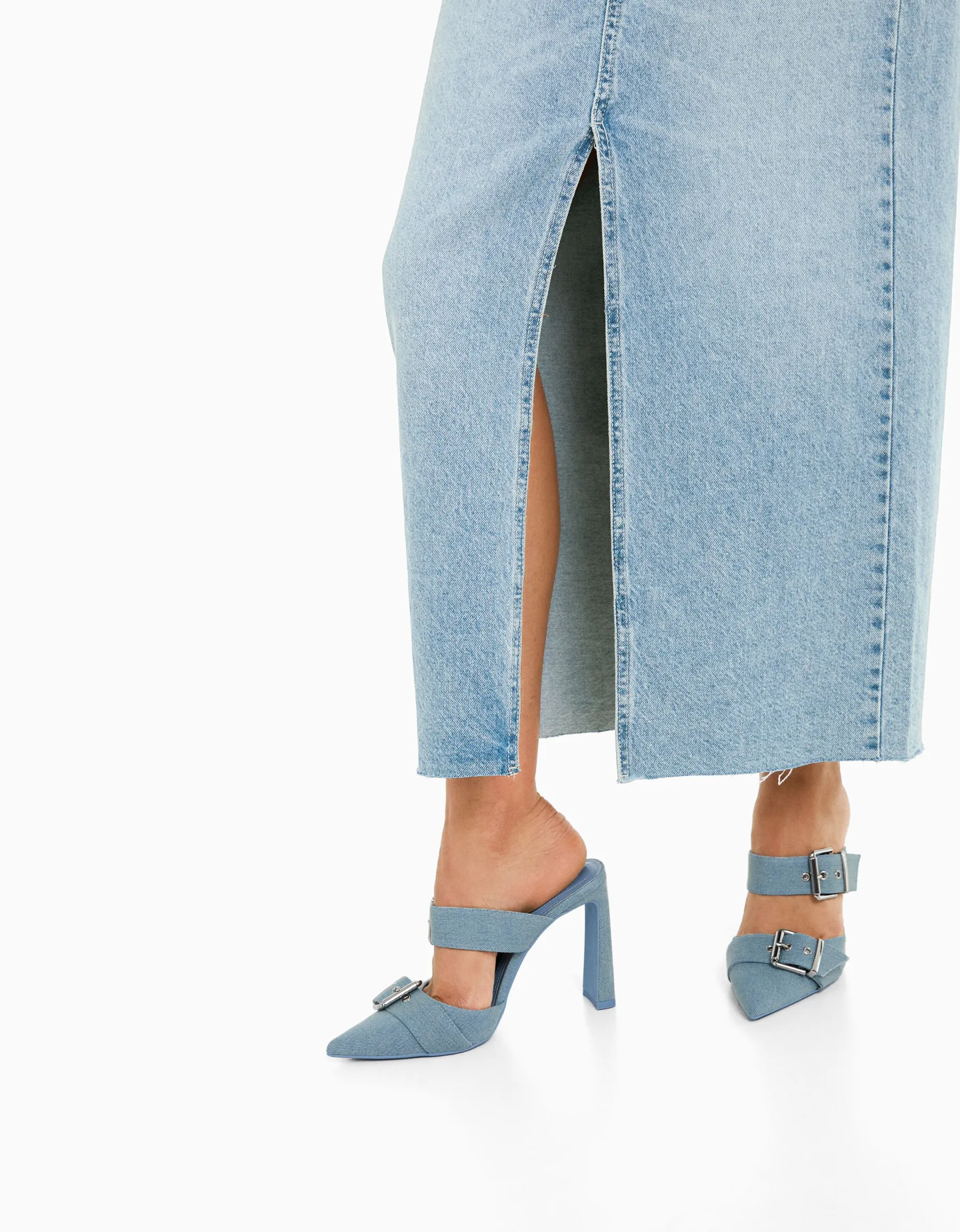 BERSHKA Jupe longue denim Bleu lavé Outlet