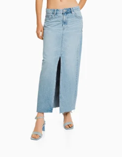 BERSHKA Jupe longue denim Bleu lavé Best