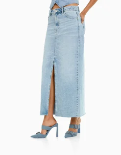 BERSHKA Jupe longue denim Bleu lavé Cheap