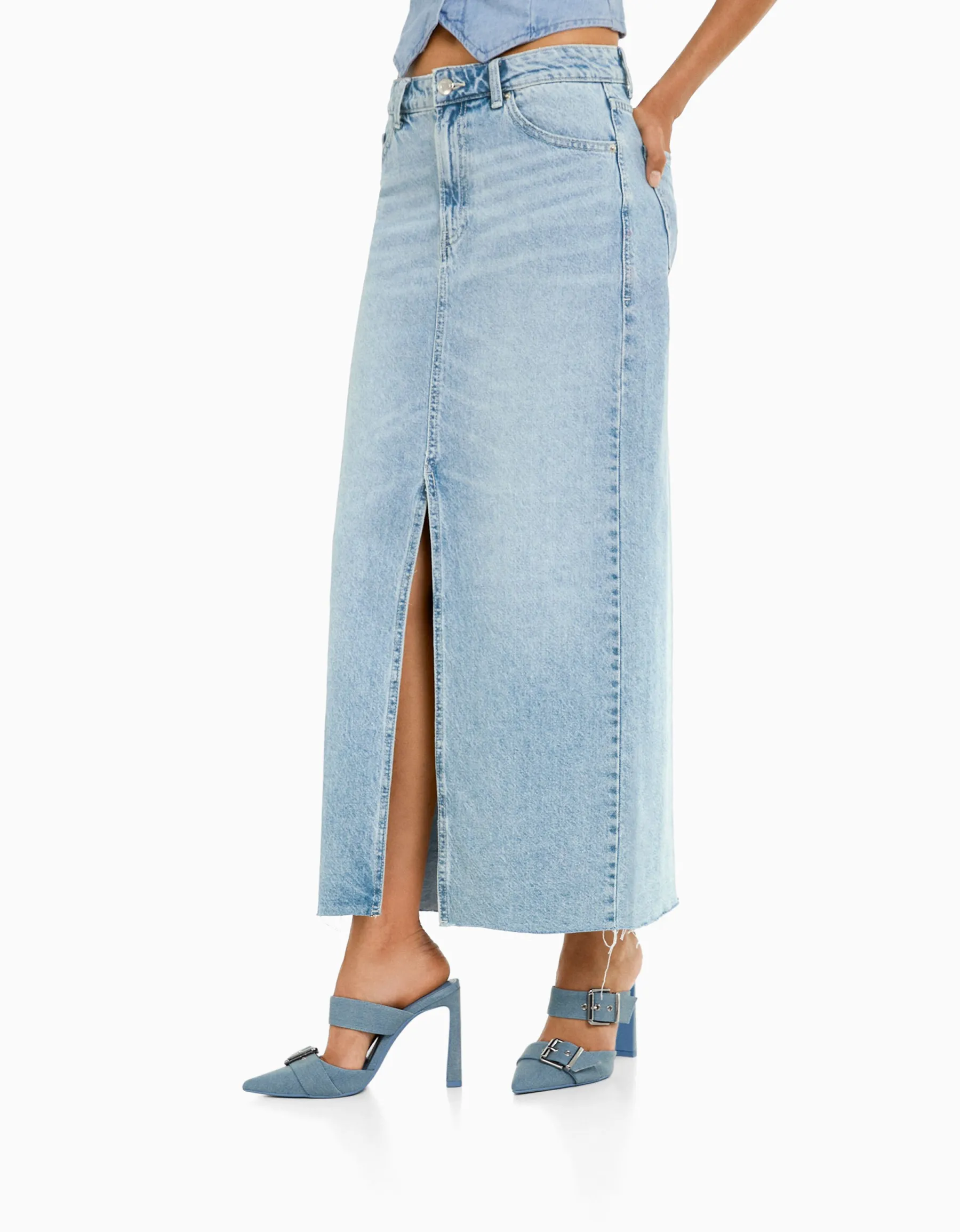 BERSHKA Jupe longue denim Bleu lavé Cheap