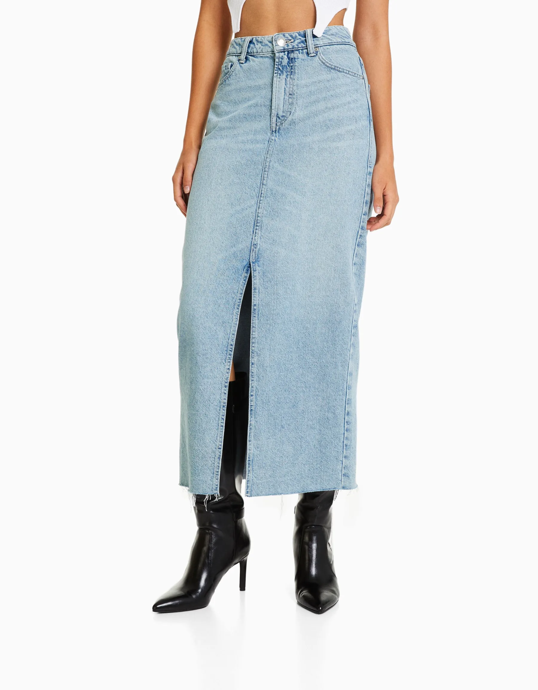 BERSHKA Jupe longue denim Bleu lavé Discount