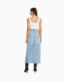 BERSHKA Jupe longue denim Bleu lavé Discount