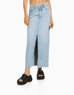 BERSHKA Jupe longue denim Bleu lavé Clearance