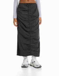BERSHKA Jupe longue denim froncée devant Gris Store