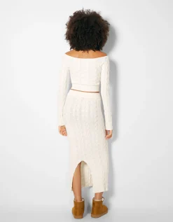 BERSHKA Jupe longue maille tressée Écru Online