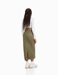 BERSHKA Jupe midi carpenter coton Sable Clearance