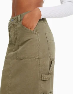 BERSHKA Jupe midi carpenter coton Sable Clearance