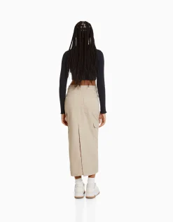 BERSHKA Jupe midi carpenter coton Sable Discount