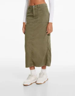 BERSHKA Jupe midi carpenter coton Sable Hot