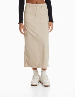 BERSHKA Jupe midi carpenter coton Sable Clearance