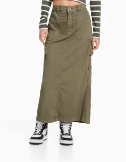 BERSHKA Jupe midi carpenter coton Sable Hot