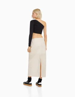 BERSHKA Jupe midi effet nylon Écru Best Sale