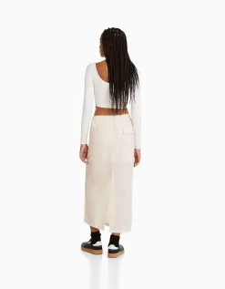 BERSHKA Jupe midi effet nylon Écru Online