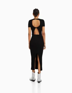 BERSHKA Jupe midi maille bord-côte Noir Discount