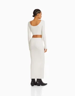 BERSHKA Jupe midi maille bord-côte Écru Shop
