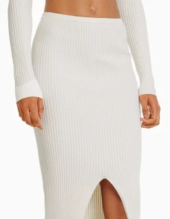 BERSHKA Jupe midi maille bord-côte Écru Shop