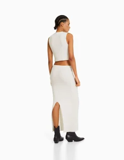 BERSHKA Jupe midi maille rustique Écru Clearance