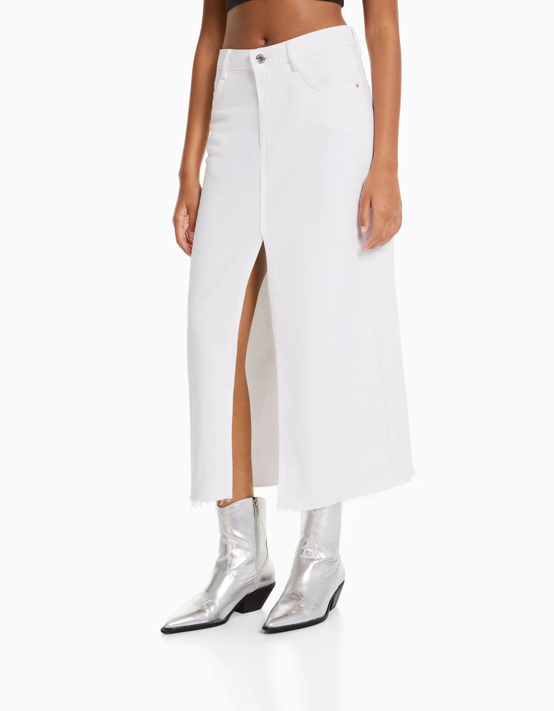 BERSHKA Jupe midi serge coton fente devant Blanc Sale