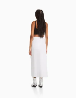 BERSHKA Jupe midi serge coton fente devant Blanc Sale