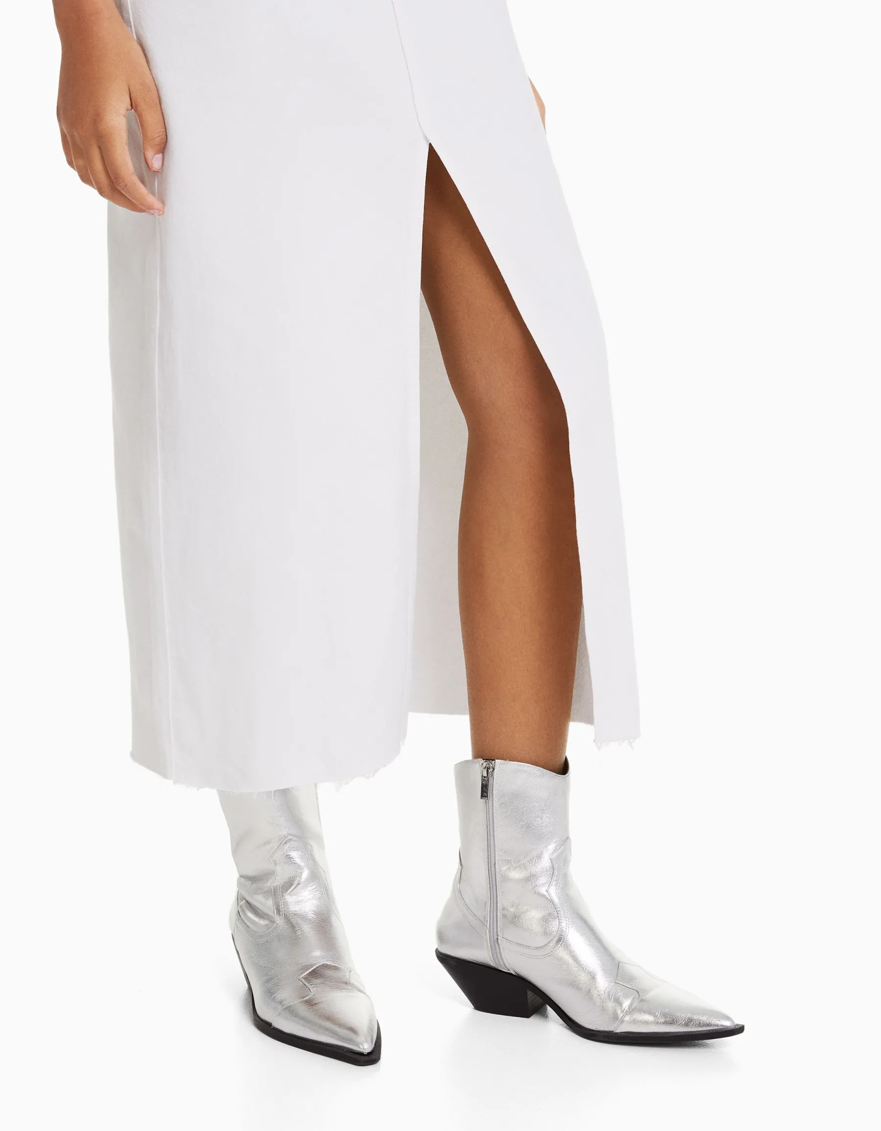 BERSHKA Jupe midi serge coton fente devant Blanc Sale