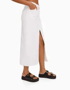 BERSHKA Jupe midi serge coton fente devant Blanc Discount
