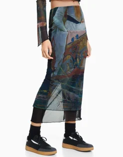 BERSHKA Jupe midi tulle Art Series Noir Flash Sale