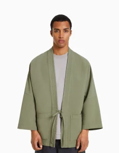 BERSHKA Kimono manches longues poches Kaki Cheap