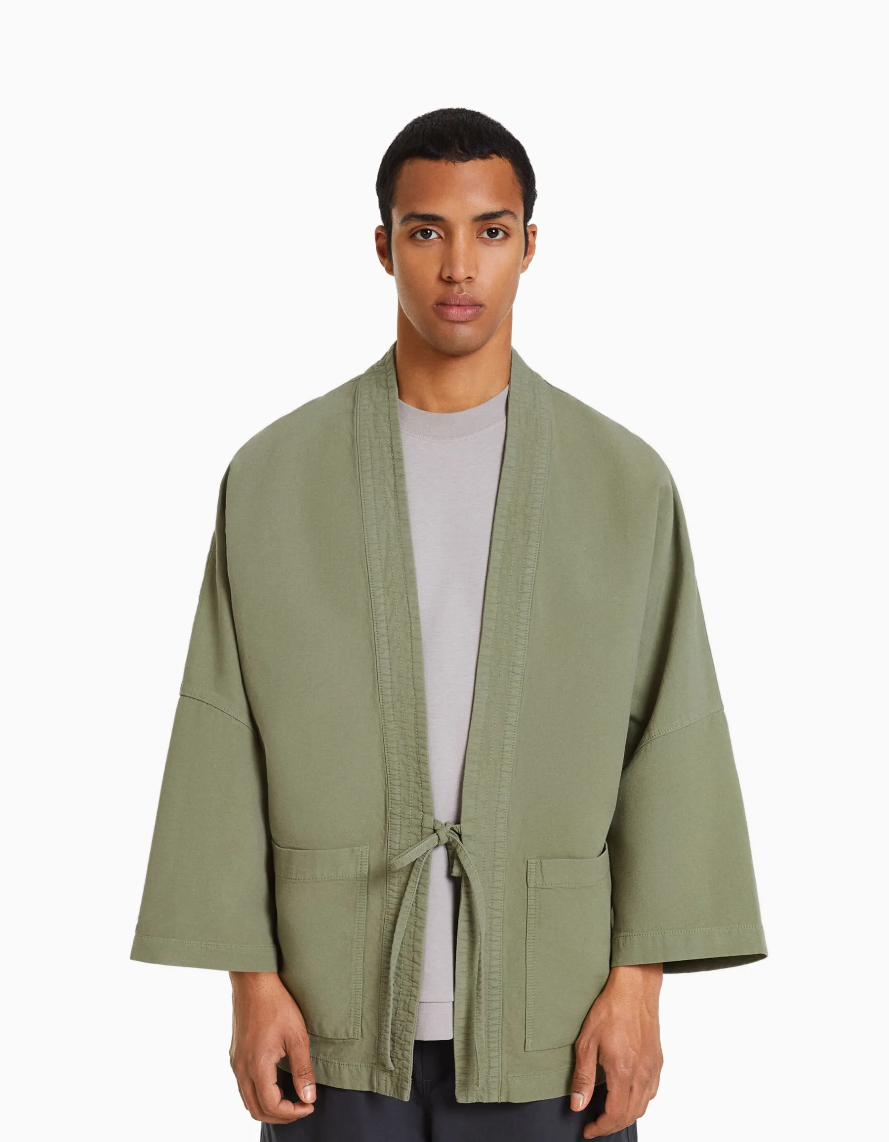 BERSHKA Kimono manches longues poches Kaki Cheap