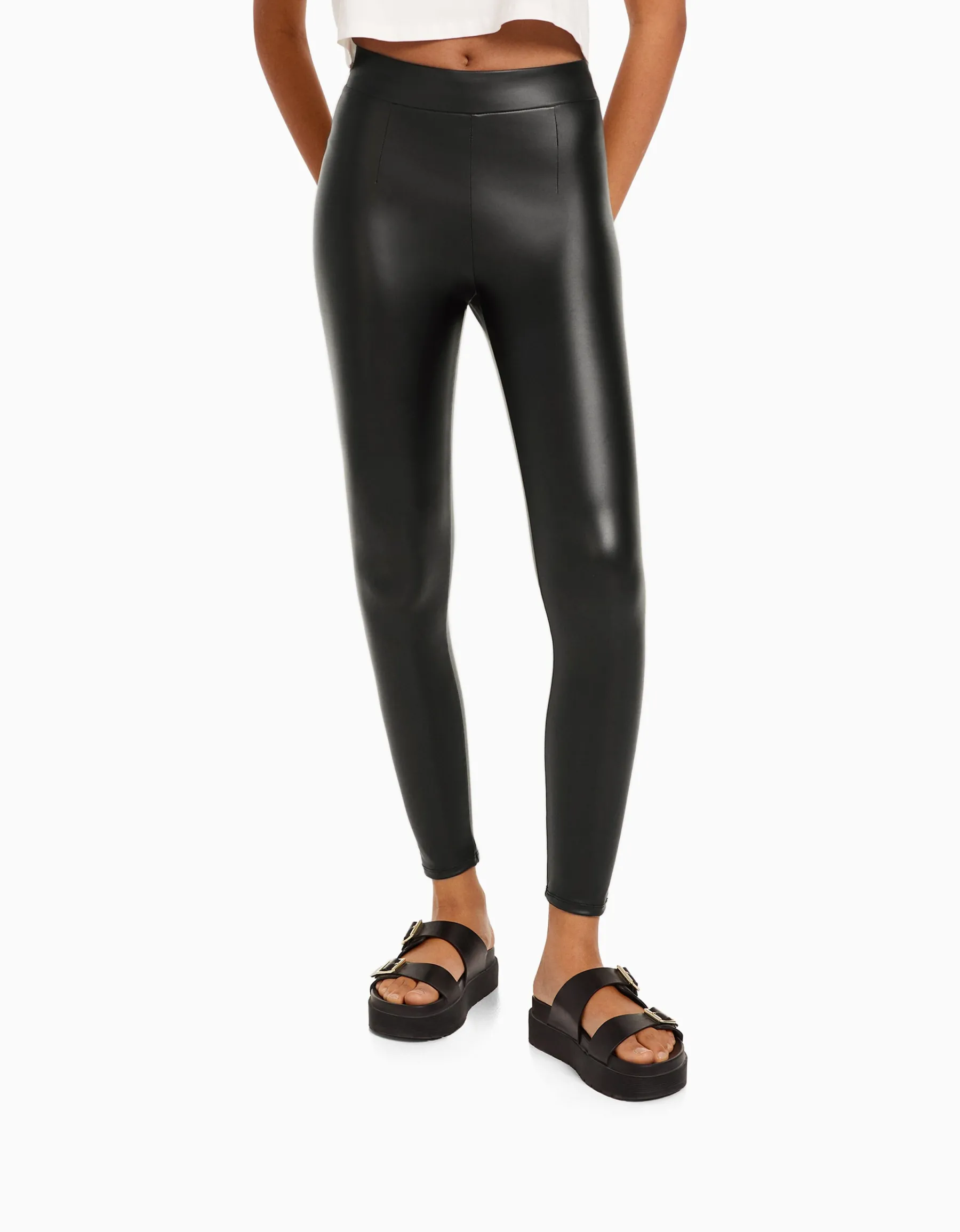 BERSHKA Leggings similicuir Noir New