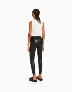 BERSHKA Leggings similicuir Noir New