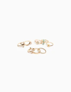 BERSHKA Lot 8 bagues dées pierres fantaisie serpent Or Discount