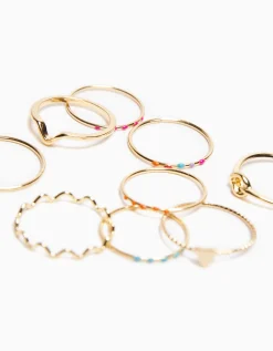 BERSHKA Lot 9 bagues fines pierres fantaisie croix émaillée Or New