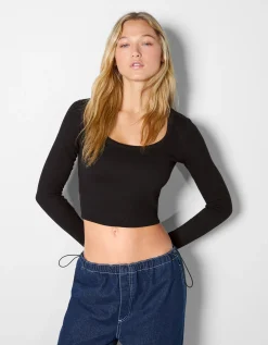 BERSHKA Lot 2 top manches longues texture bord-côte Multicouleur Best