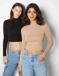 BERSHKA Lot 2 tops manches longues col montant Multicouleur Best Sale