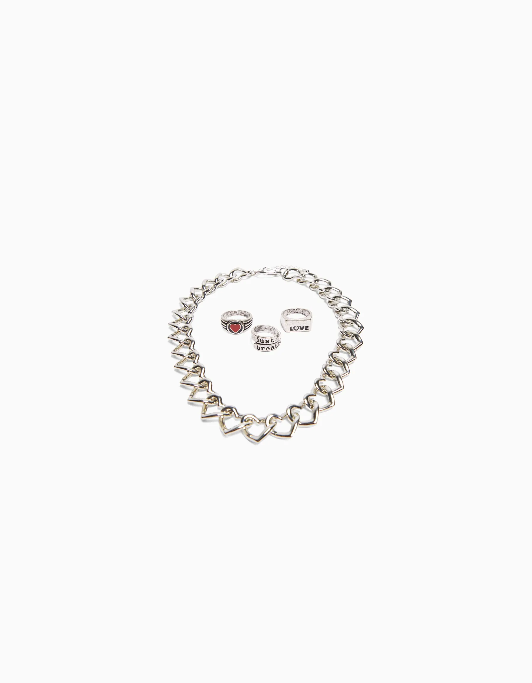 BERSHKA Lot 3 bagues et collier Argent New